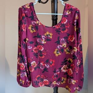 Wine red with flower pattern wide neck blouse